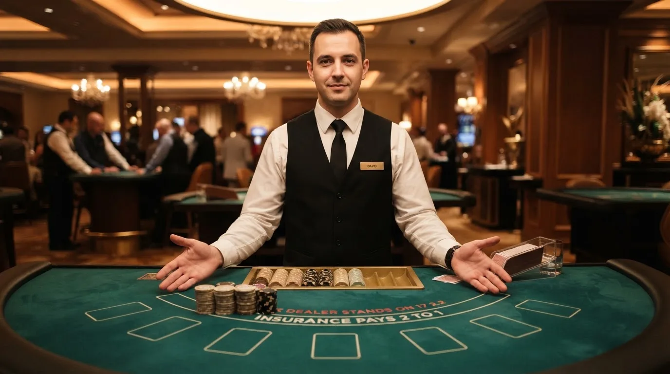 Dealer de casino a mostrar as mãos vazias à câmara no fim de uma ronda, gesto de transparência numa mesa de feltro verde.